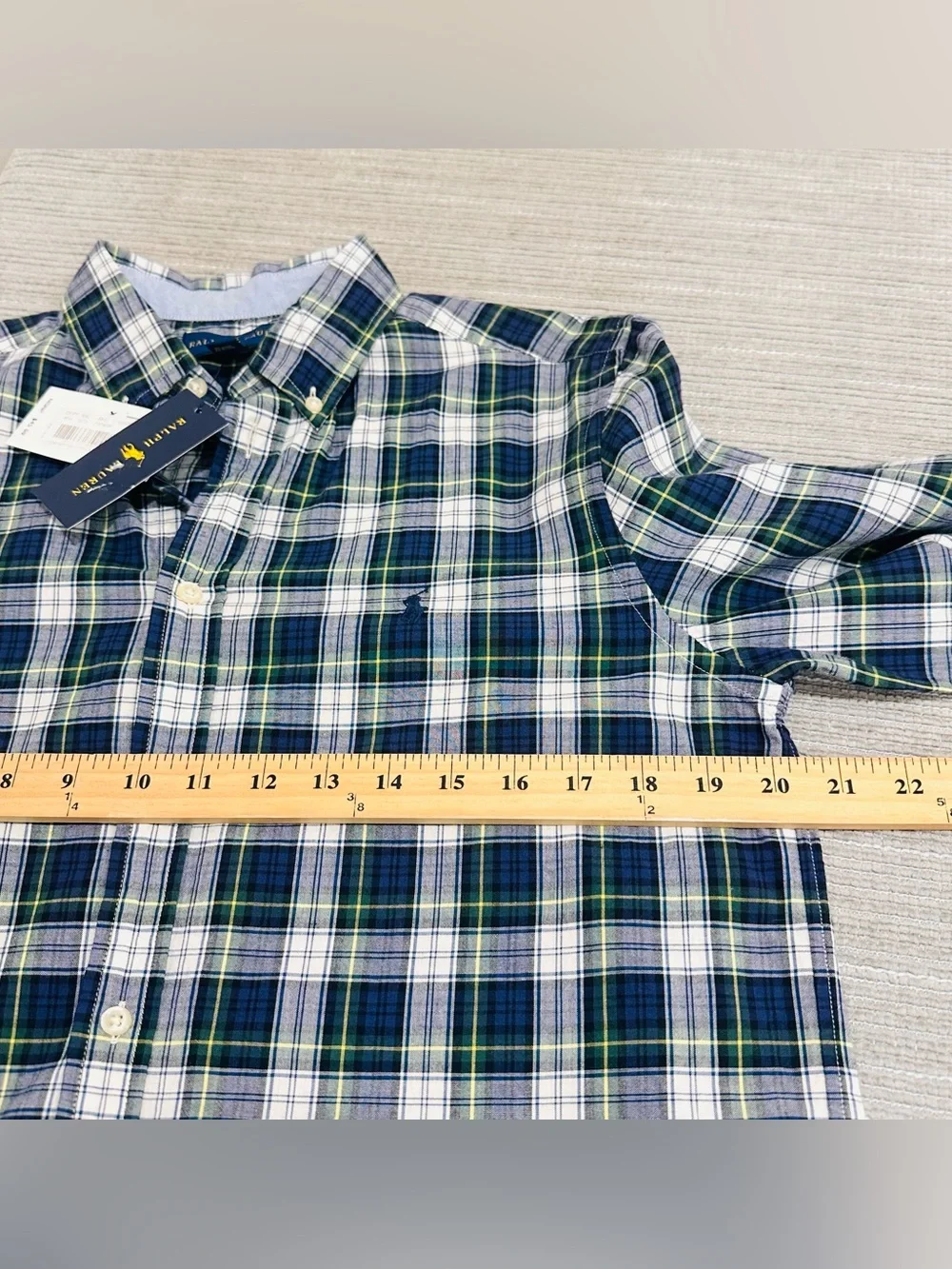 Ralph Lauren Boys Size XL (18-20) Blue And Green Plaid Button Down  Shirt  NWT